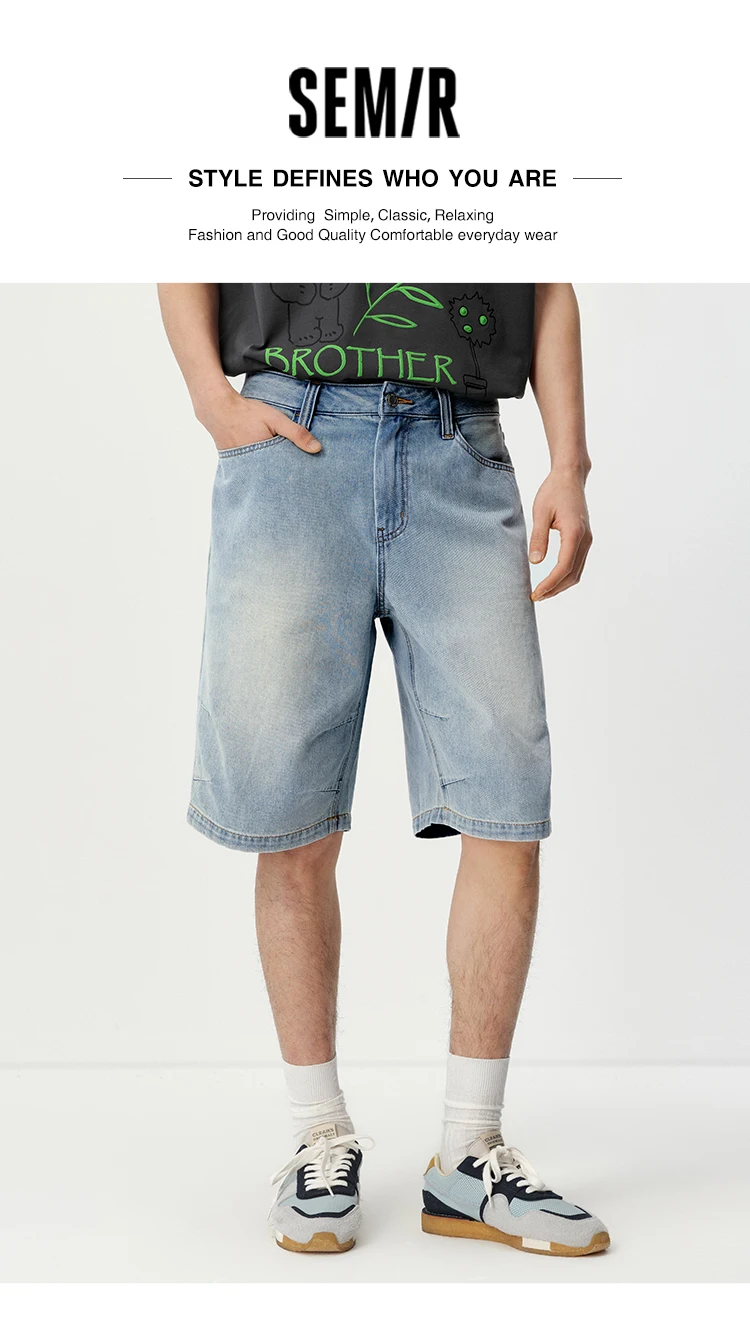 Semir Men Shorts Light Cool Vintage Washed Denim Knee Length Shorts 2026 Summer Loose Straight