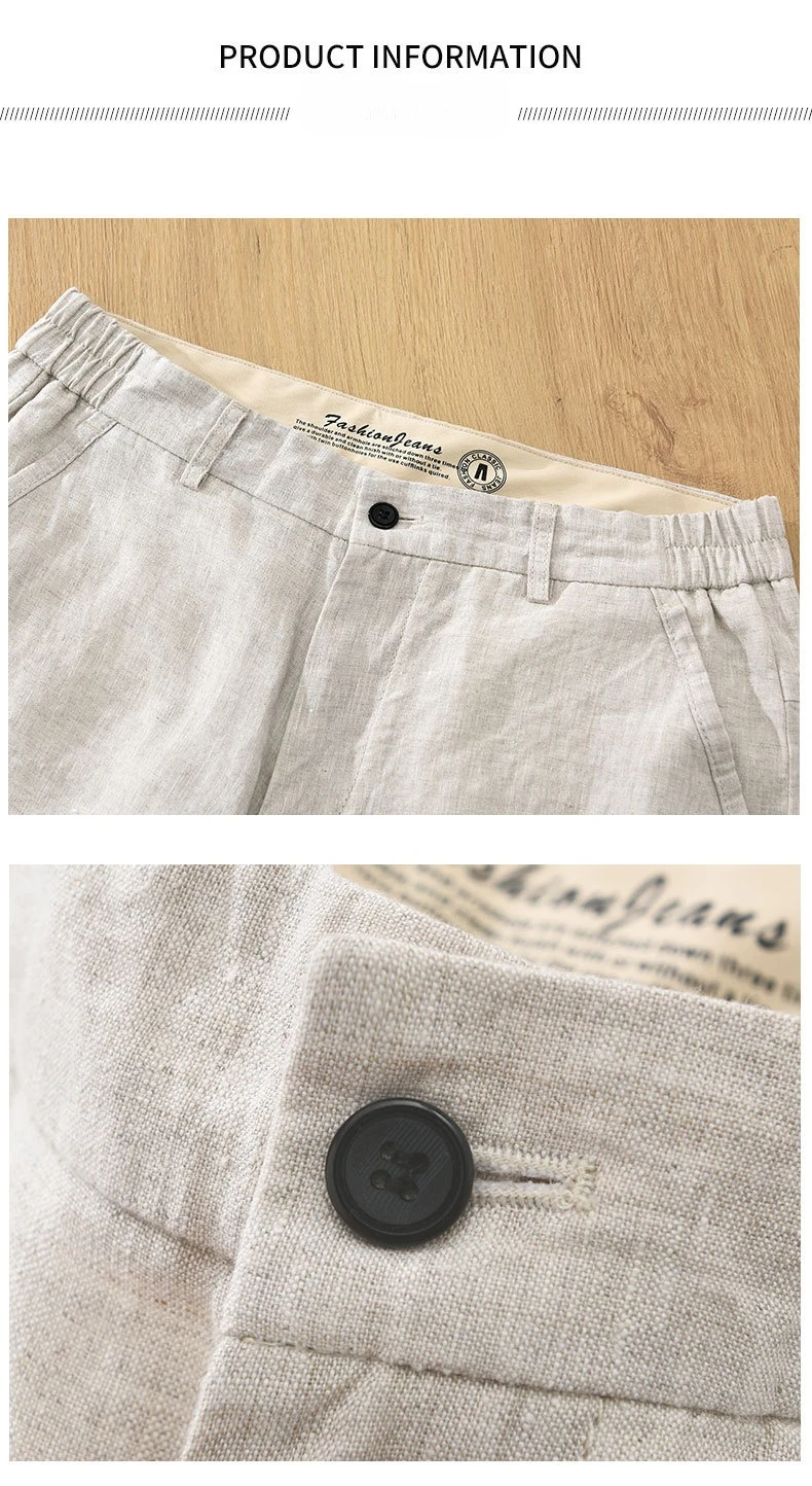Summer New Simple Breathable Pure Linen Shorts for Men Clothing Straight Solid Color Summer Pants EC1339