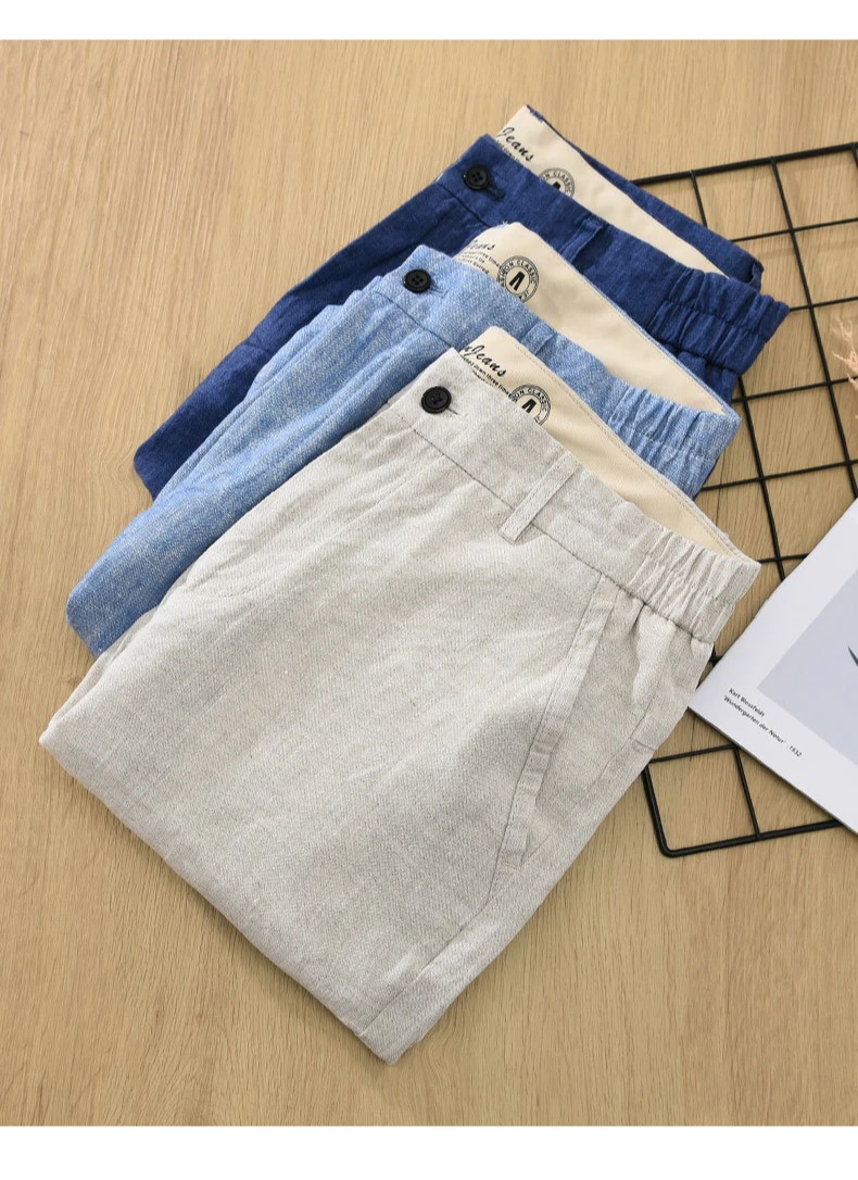 Summer New Simple Breathable Pure Linen Shorts for Men Clothing Straight Solid Color Summer Pants EC1339