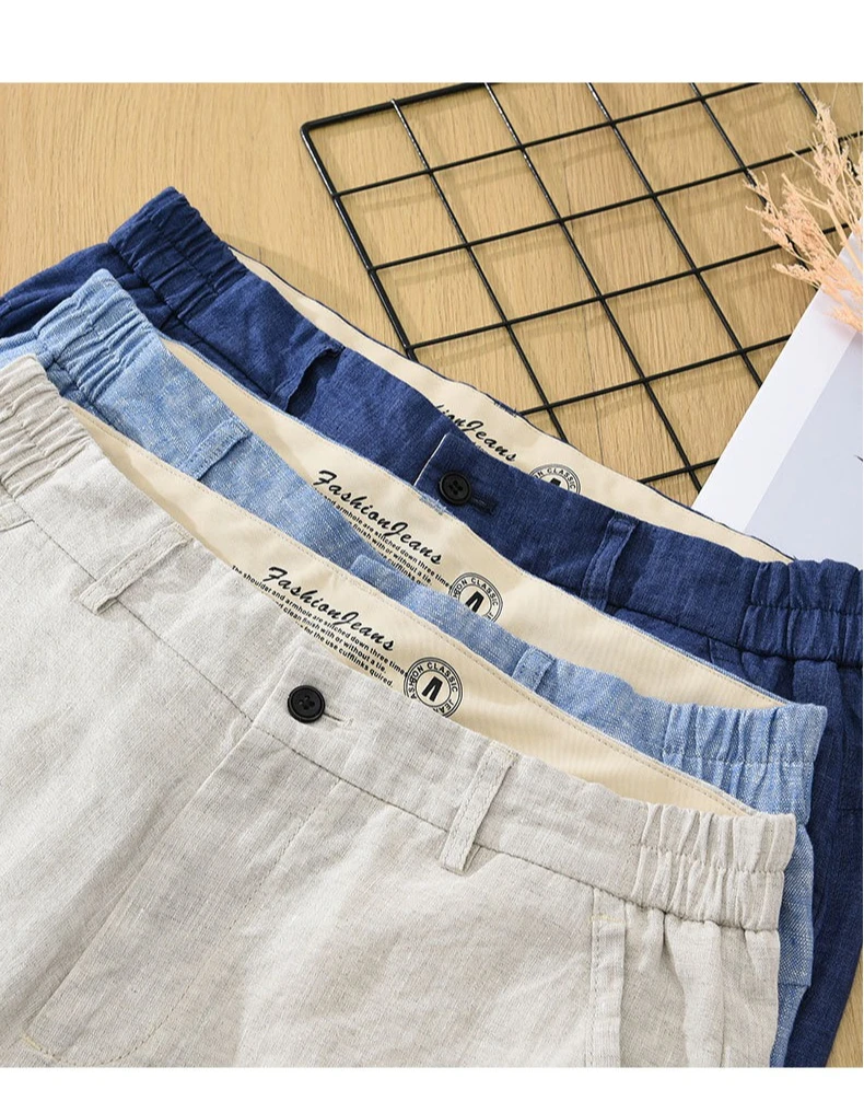 Summer New Simple Breathable Pure Linen Shorts for Men Clothing Straight Solid Color Summer Pants EC1339