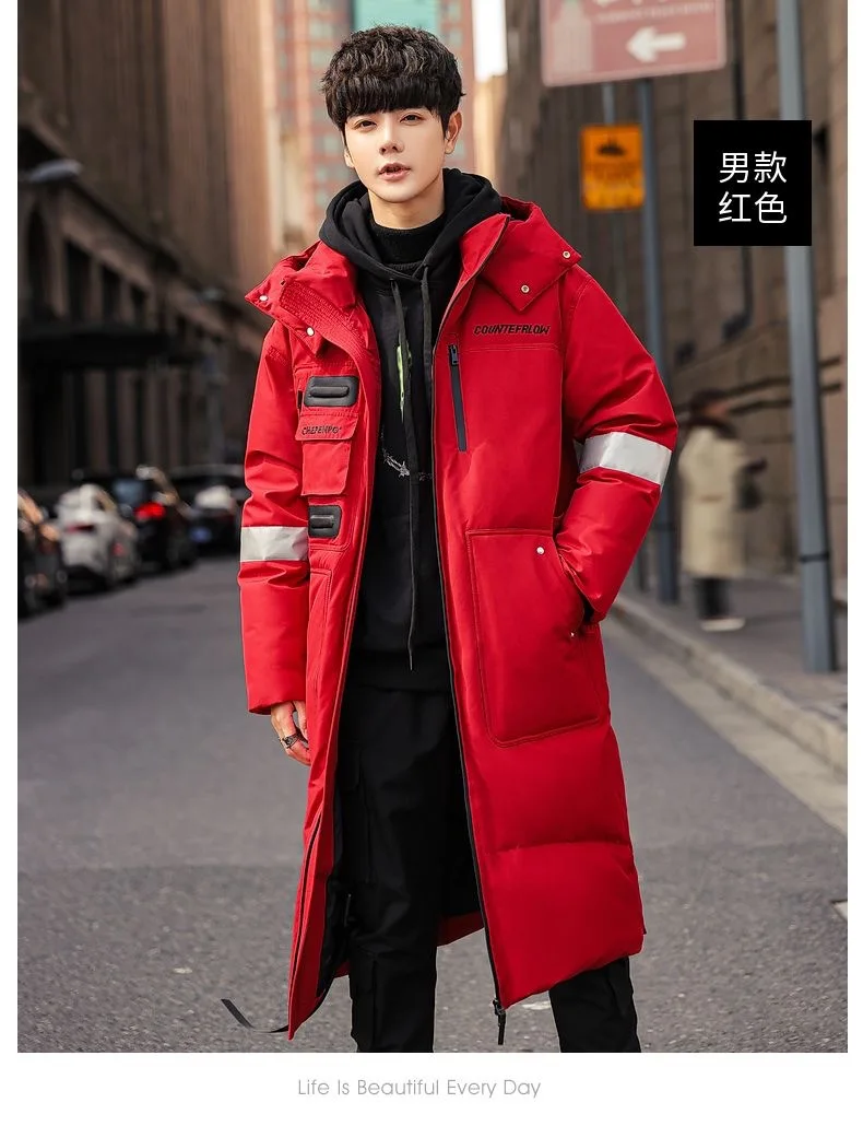 New Winter Men Hooded Long Puffer Jackets Couple Duck Down Coats Quality Male Over The Knee Winter Jackets Thicker Warm Coats