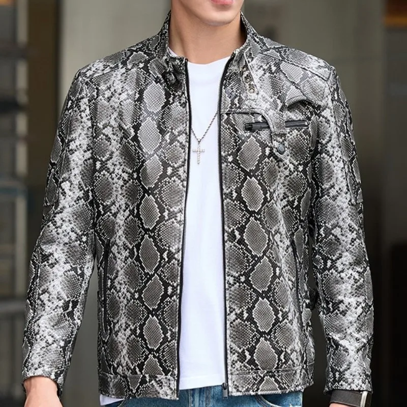 Youth Fashion Snake Pattern Zipper Genuine Leather Short Jacket Trendy Male Mix Color Long Sleeves Slim Sheepskin Outerwear