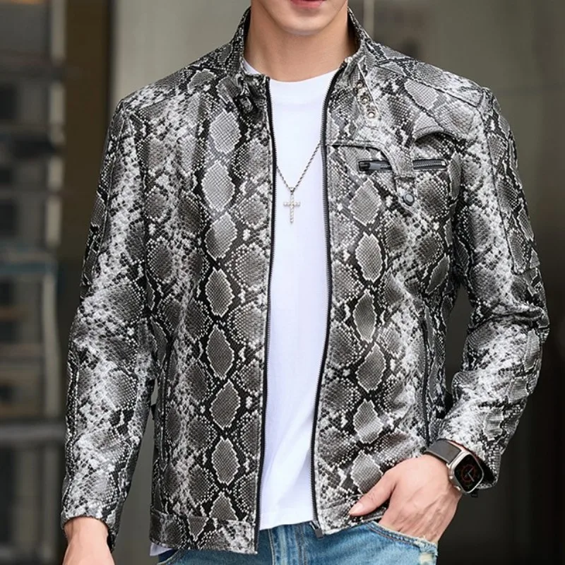 Youth Fashion Snake Pattern Zipper Genuine Leather Short Jacket Trendy Male Mix Color Long Sleeves Slim Sheepskin Outerwear