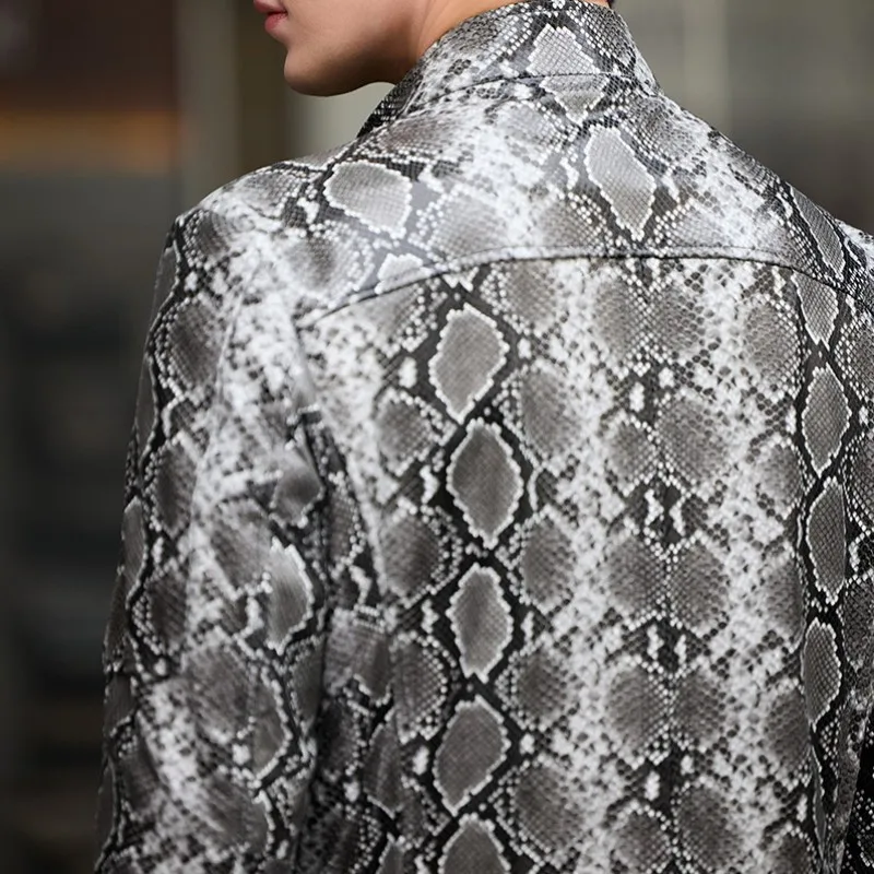 Youth Fashion Snake Pattern Zipper Genuine Leather Short Jacket Trendy Male Mix Color Long Sleeves Slim Sheepskin Outerwear