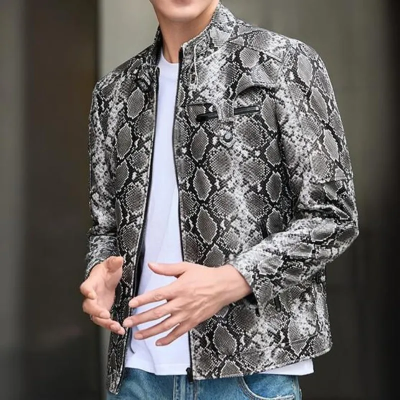 Youth Fashion Snake Pattern Zipper Genuine Leather Short Jacket Trendy Male Mix Color Long Sleeves Slim Sheepskin Outerwear