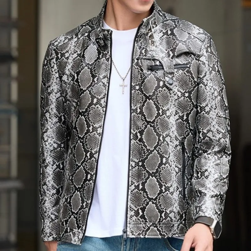 Youth Fashion Snake Pattern Zipper Genuine Leather Short Jacket Trendy Male Mix Color Long Sleeves Slim Sheepskin Outerwear