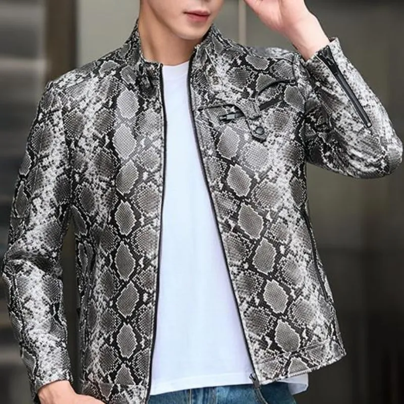 Youth Fashion Snake Pattern Zipper Genuine Leather Short Jacket Trendy Male Mix Color Long Sleeves Slim Sheepskin Outerwear
