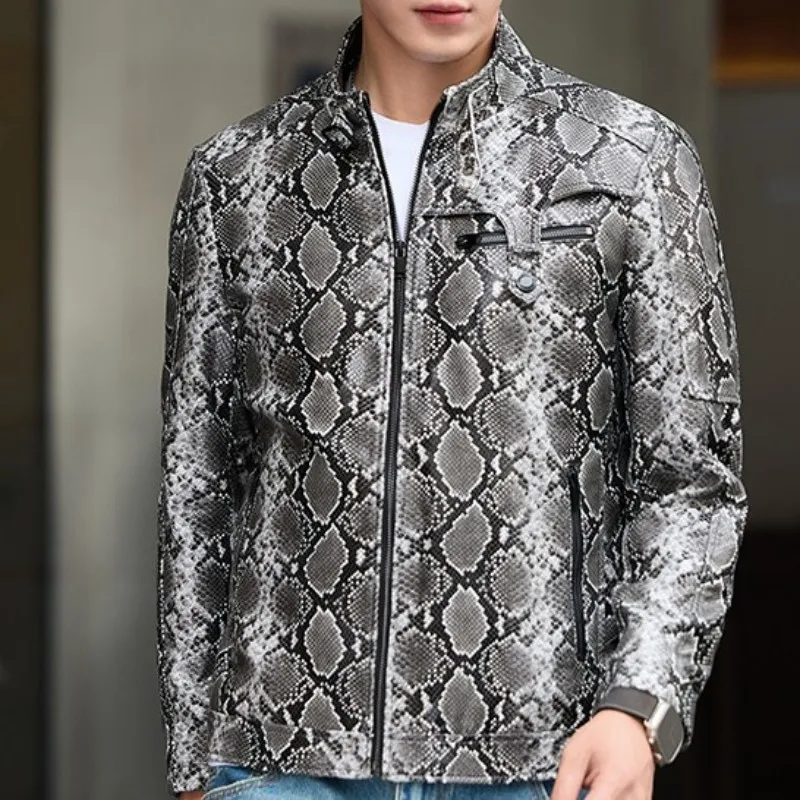 Youth Fashion Snake Pattern Zipper Genuine Leather Short Jacket Trendy Male Mix Color Long Sleeves Slim Sheepskin Outerwear