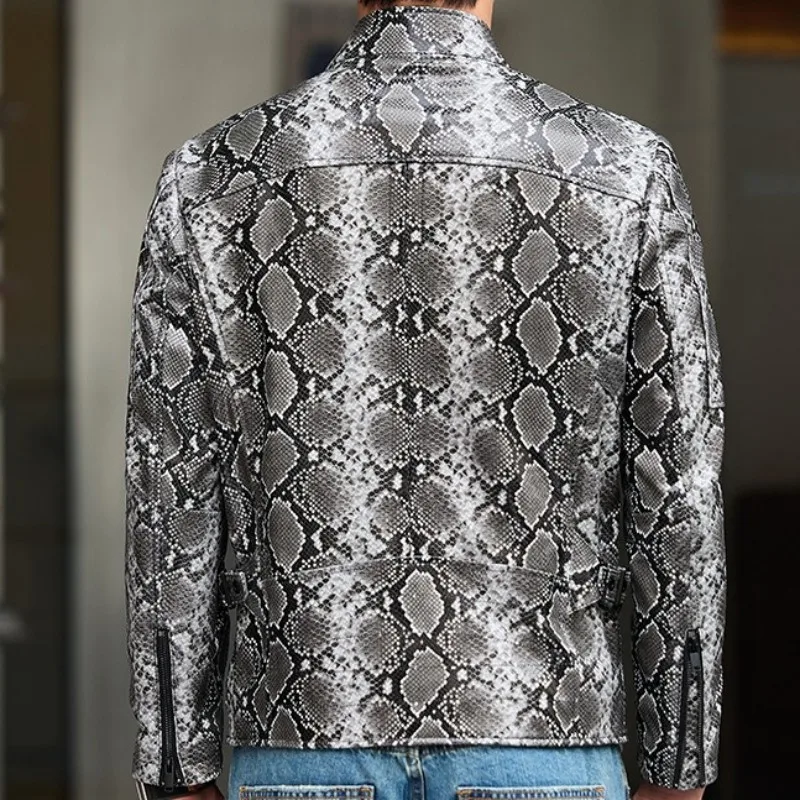 Youth Fashion Snake Pattern Zipper Genuine Leather Short Jacket Trendy Male Mix Color Long Sleeves Slim Sheepskin Outerwear