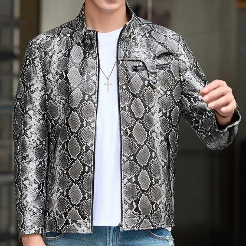 Youth Fashion Snake Pattern Zipper Genuine Leather Short Jacket Trendy Male Mix Color Long Sleeves Slim Sheepskin Outerwear