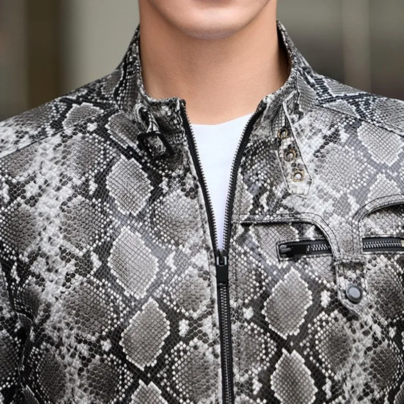 Youth Fashion Snake Pattern Zipper Genuine Leather Short Jacket Trendy Male Mix Color Long Sleeves Slim Sheepskin Outerwear