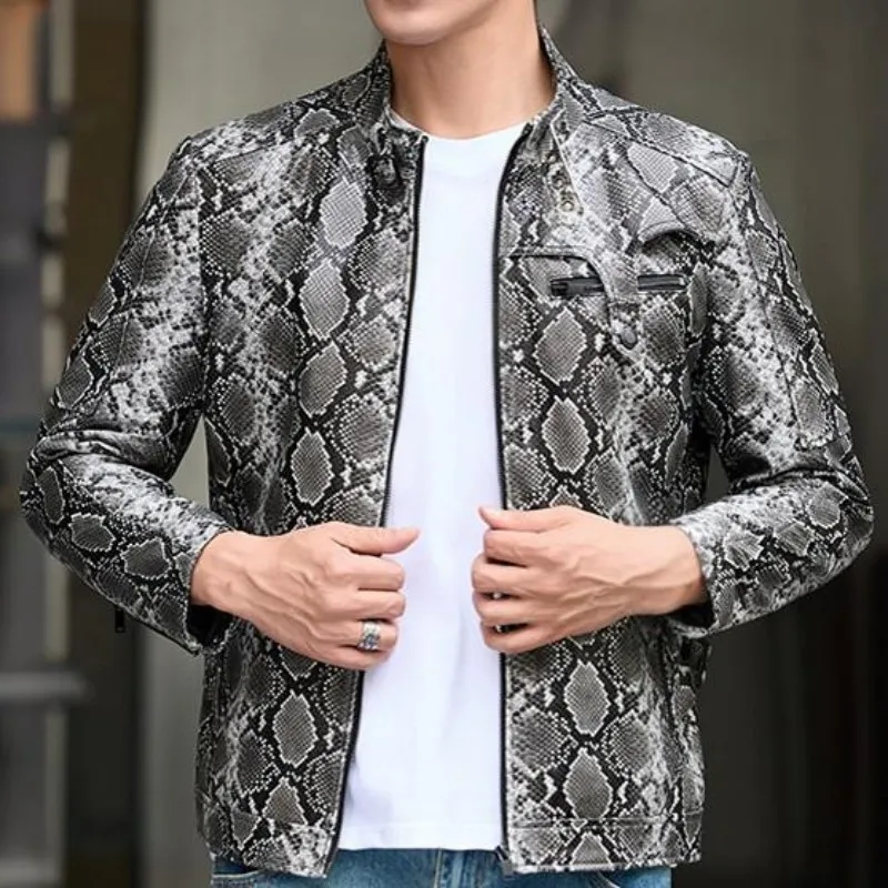 Youth Fashion Snake Pattern Zipper Genuine Leather Short Jacket Trendy Male Mix Color Long Sleeves Slim Sheepskin Outerwear