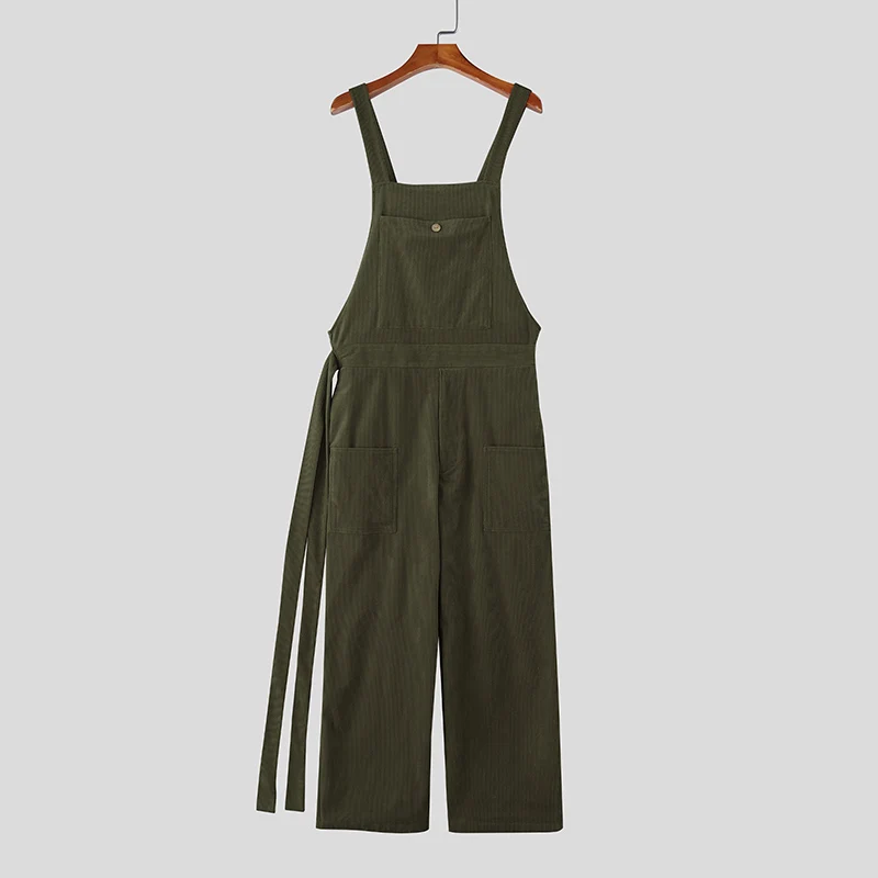 INCERUN Men Jumpsuits Solid Corduroy Sleeveless Casual Straps Rompers Men Streetwear Loose Pockets 2025 Fashion Cargo Overalls