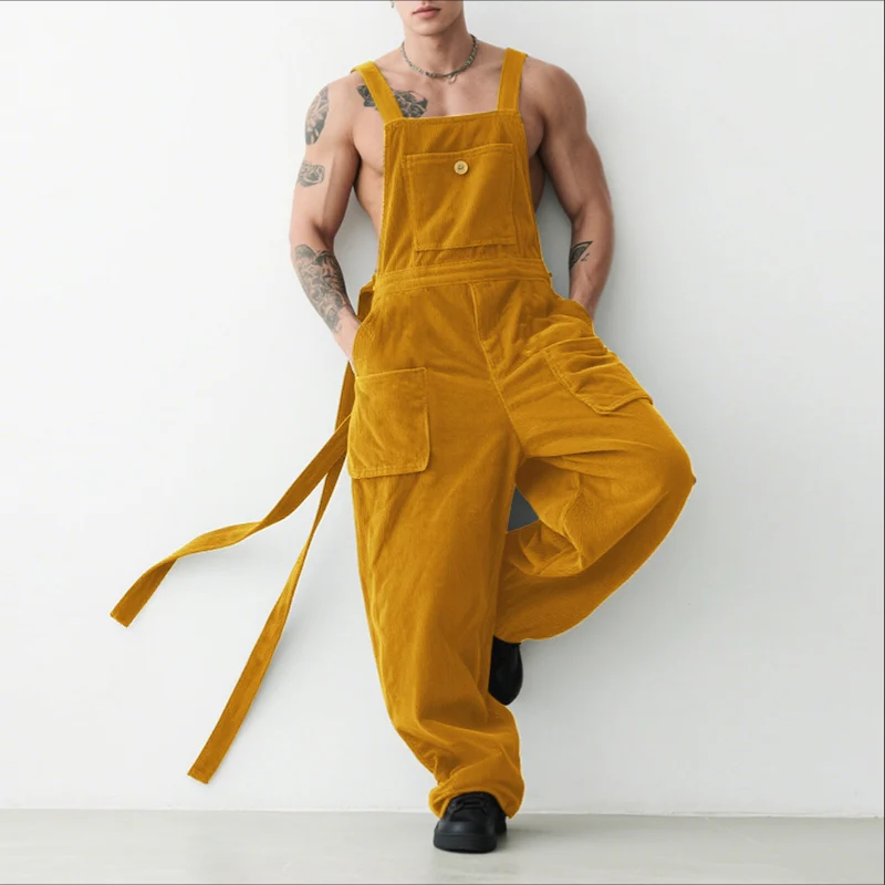 INCERUN Men Jumpsuits Solid Corduroy Sleeveless Casual Straps Rompers Men Streetwear Loose Pockets 2025 Fashion Cargo Overalls