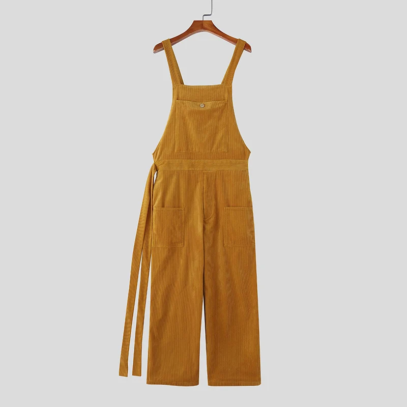 INCERUN Men Jumpsuits Solid Corduroy Sleeveless Casual Straps Rompers Men Streetwear Loose Pockets 2025 Fashion Cargo Overalls