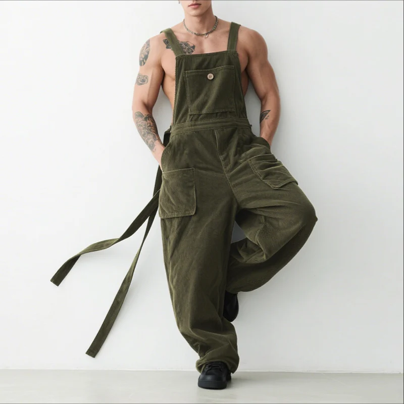 INCERUN Men Jumpsuits Solid Corduroy Sleeveless Casual Straps Rompers Men Streetwear Loose Pockets 2025 Fashion Cargo Overalls