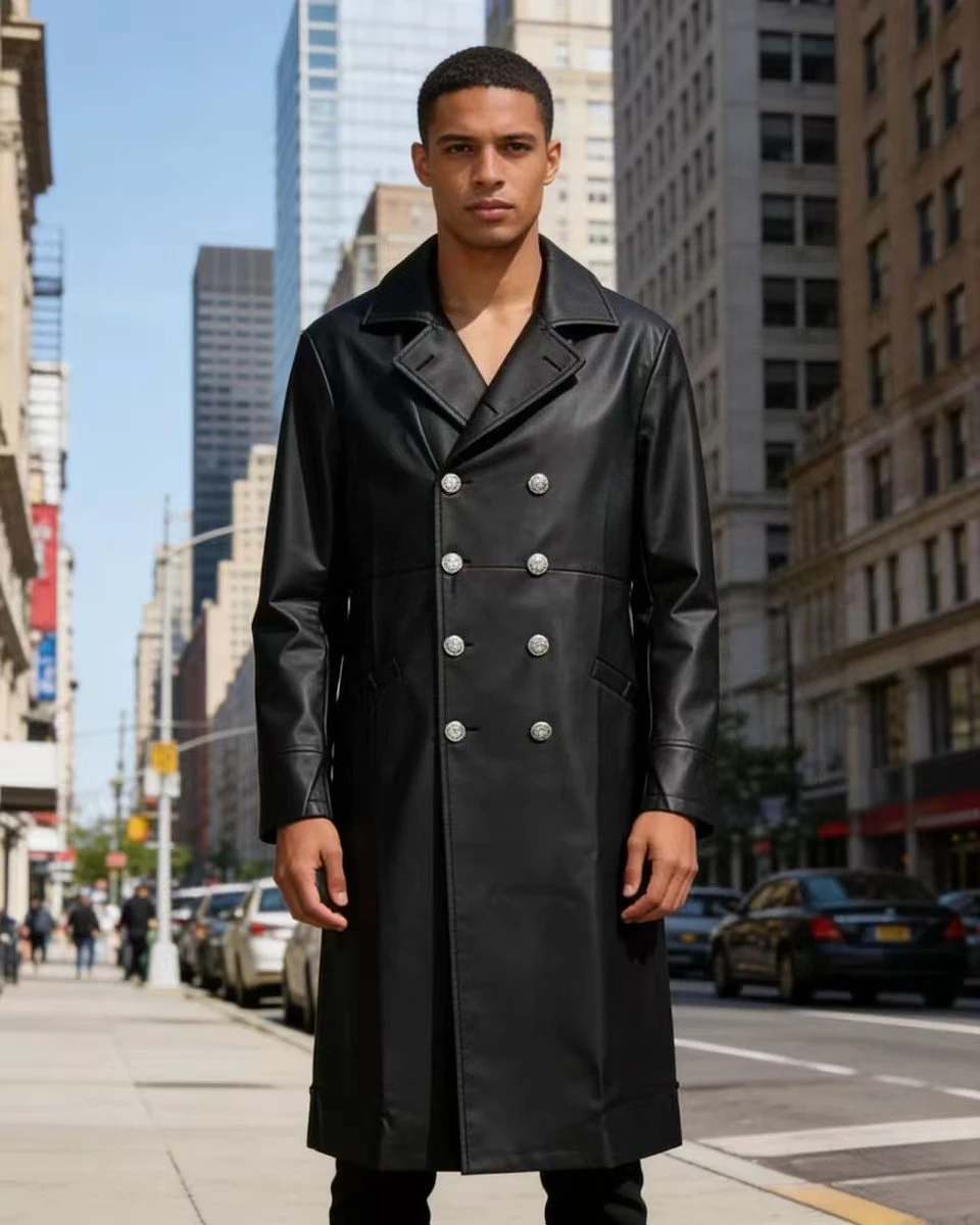 Men's double-breasted PU leather windproof coat with a turned-down collar, long sleeves and knee-length, black windproof coat