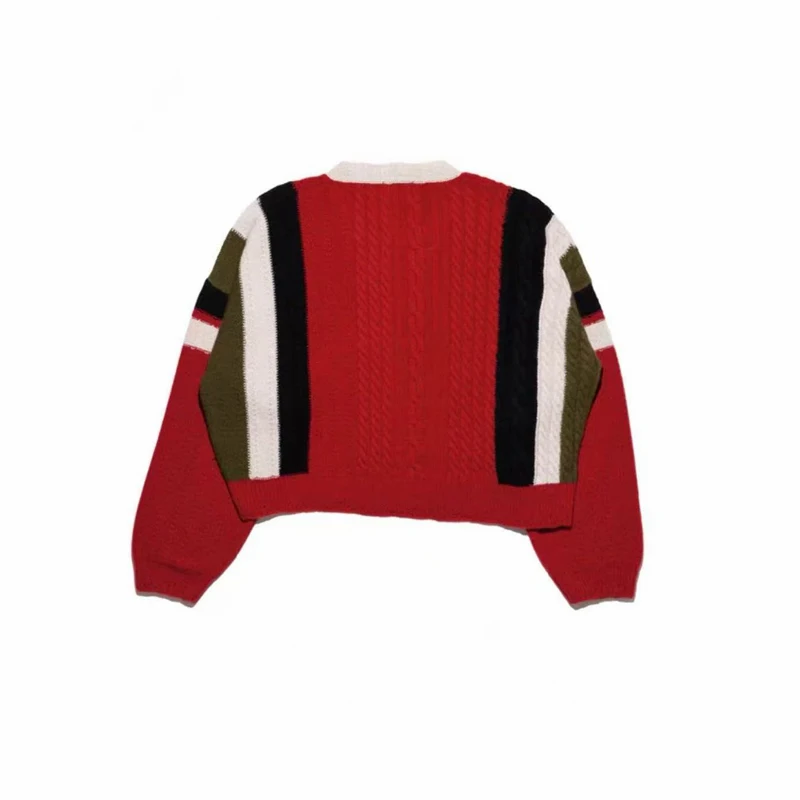 American Retro Color Blocking V-neck Knitted Wide Pullover Sweater for Men Women Sweaters
