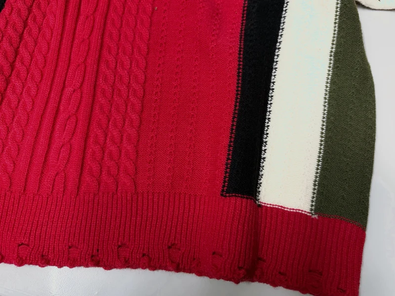 American Retro Color Blocking V-neck Knitted Wide Pullover Sweater for Men Women Sweaters