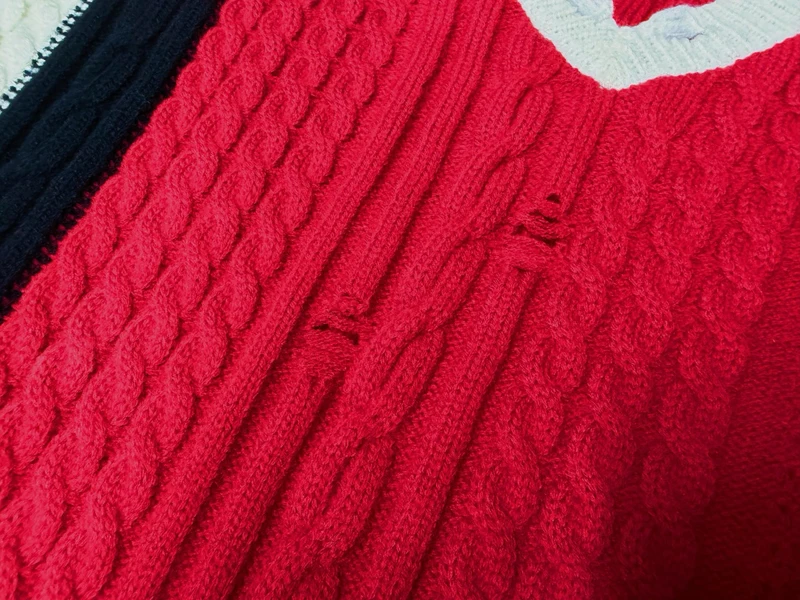 American Retro Color Blocking V-neck Knitted Wide Pullover Sweater for Men Women Sweaters