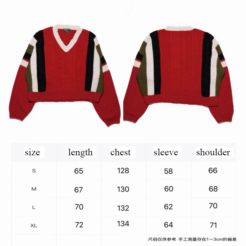 American Retro Color Blocking V-neck Knitted Wide Pullover Sweater for Men Women Sweaters