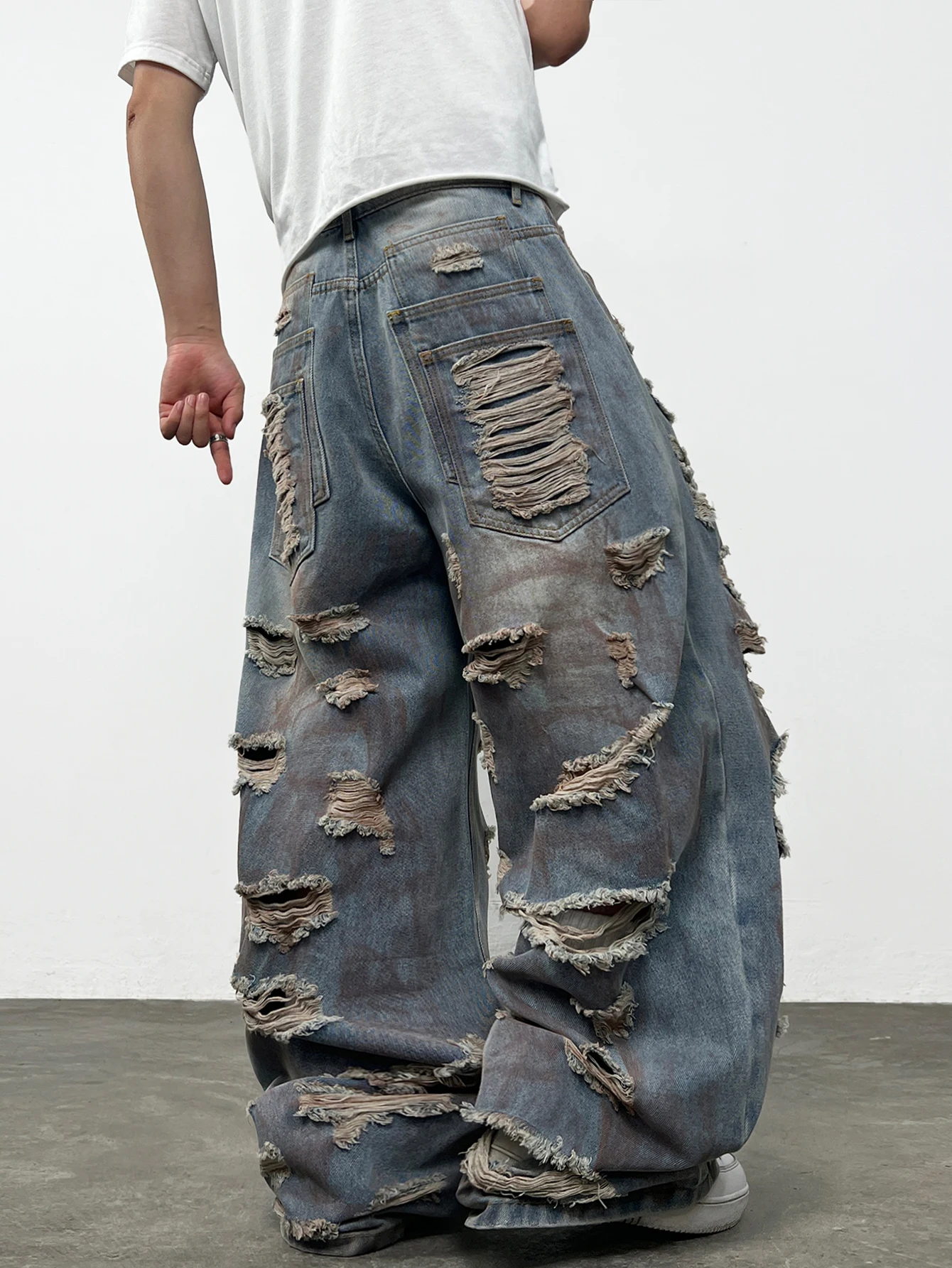 American-Style High Street Printed Distressed Heavy Washed Men's Loose Wide-Leg Jeans Y2K Street Hip-Hop Trendy Versatile Pants