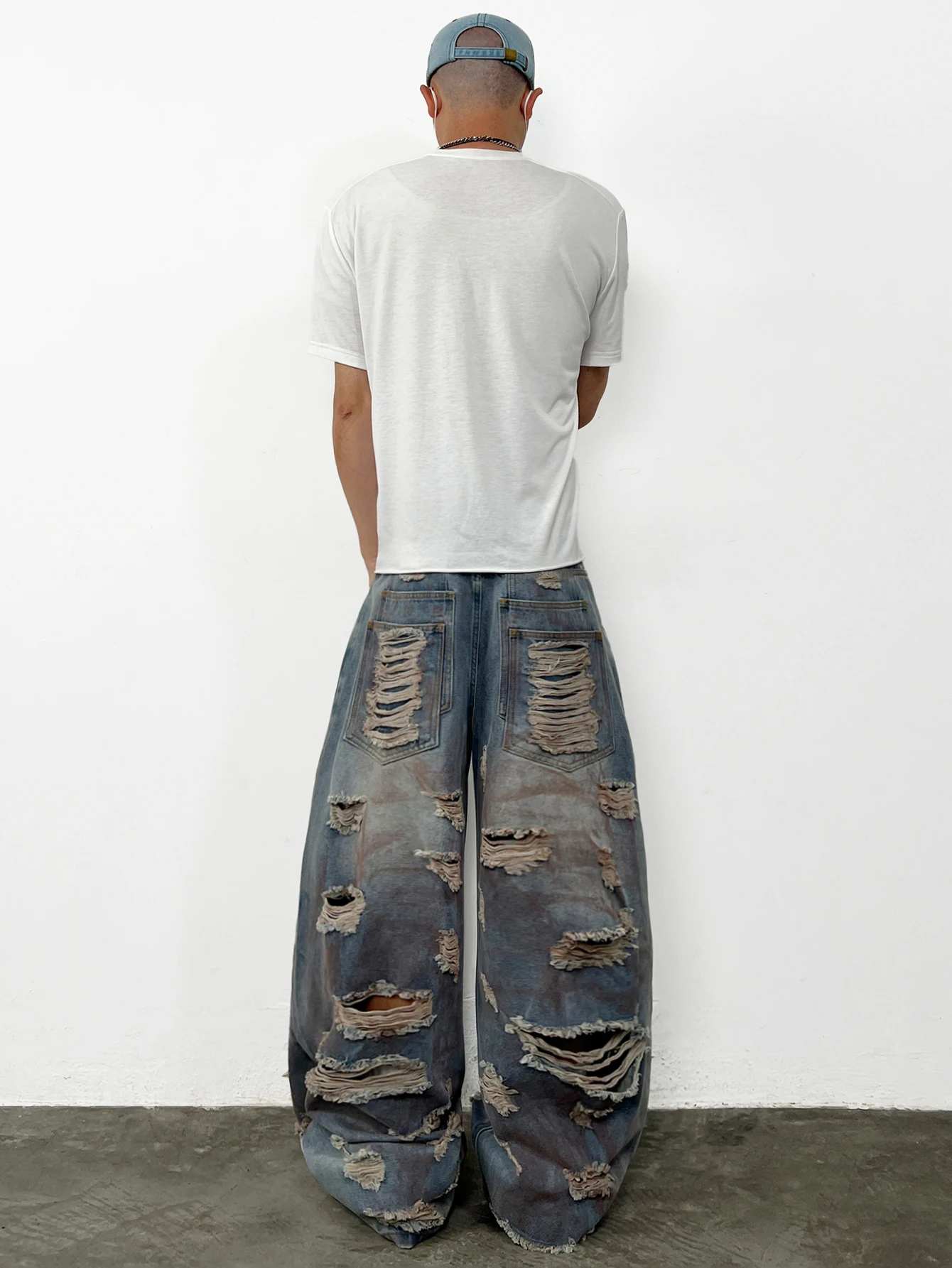 American-Style High Street Printed Distressed Heavy Washed Men's Loose Wide-Leg Jeans Y2K Street Hip-Hop Trendy Versatile Pants