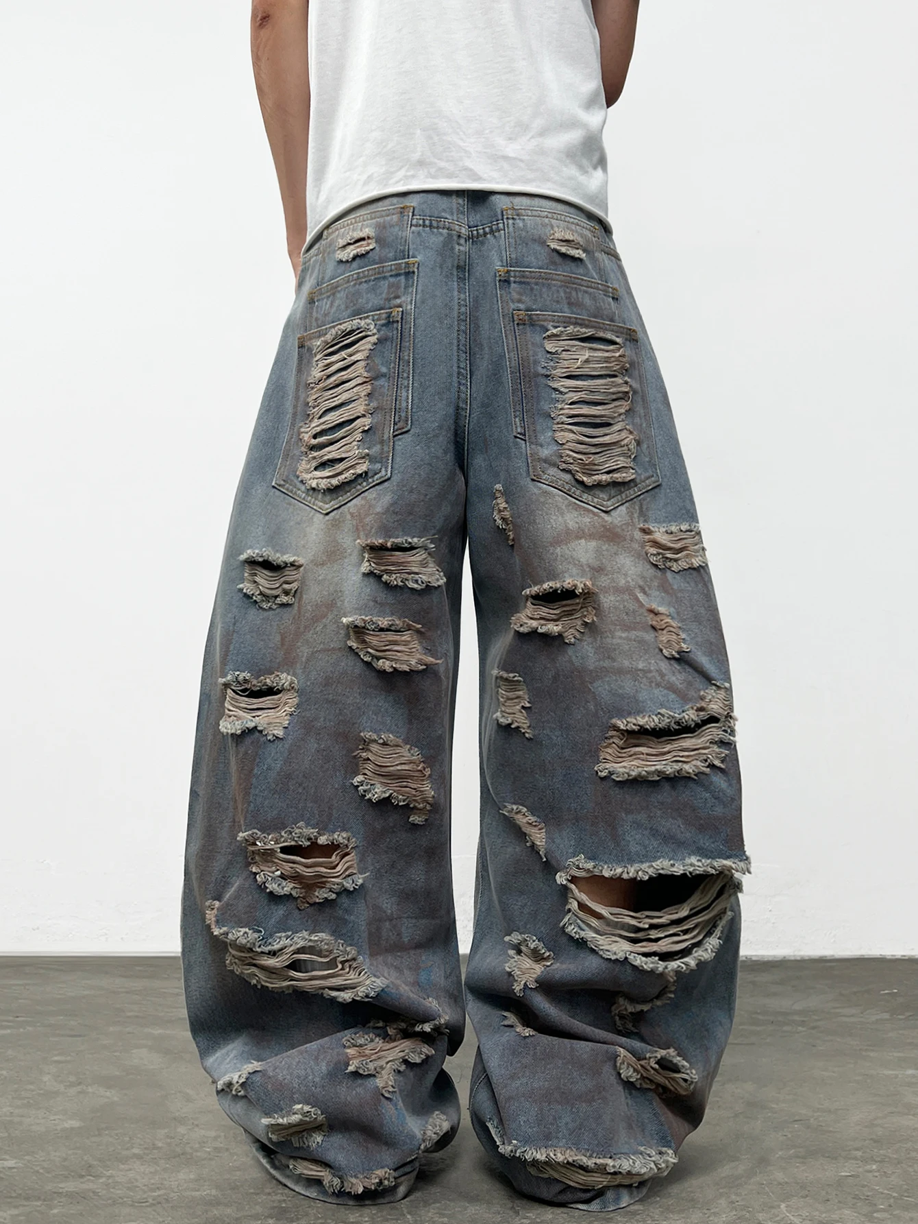 American-Style High Street Printed Distressed Heavy Washed Men's Loose Wide-Leg Jeans Y2K Street Hip-Hop Trendy Versatile Pants