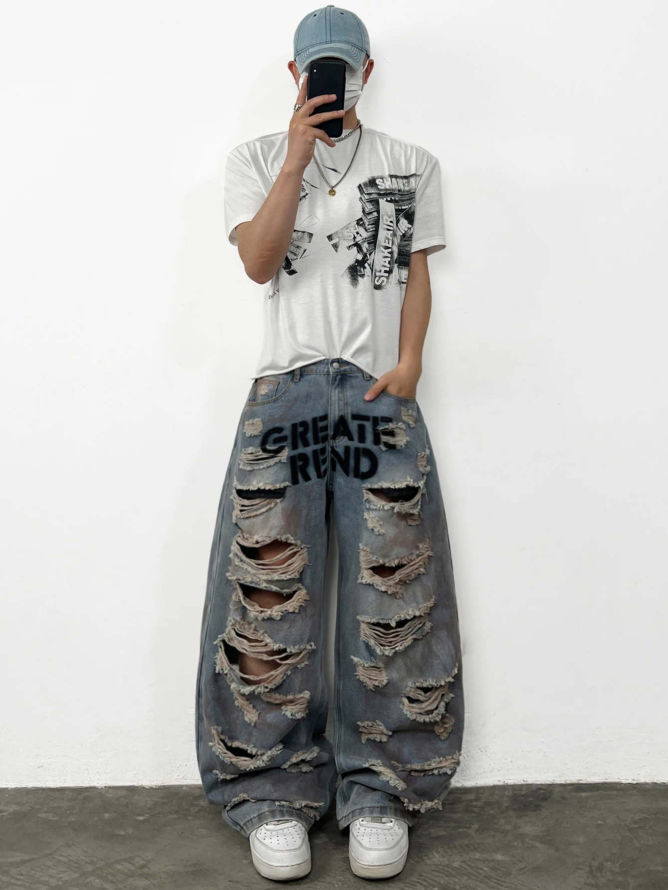 American-Style High Street Printed Distressed Heavy Washed Men's Loose Wide-Leg Jeans Y2K Street Hip-Hop Trendy Versatile Pants