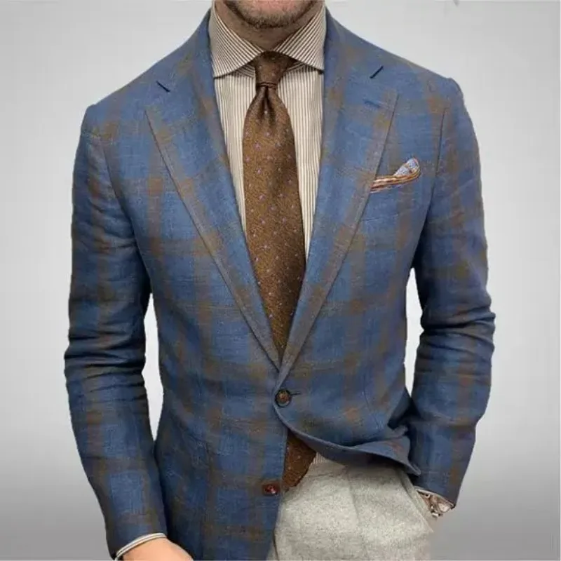KIDWHXR Men Plaid Blazer Jacket Retro Plaid Long Sleeve Business Office Suit Jacket Man Slim Wedding Casual Male Outerwear