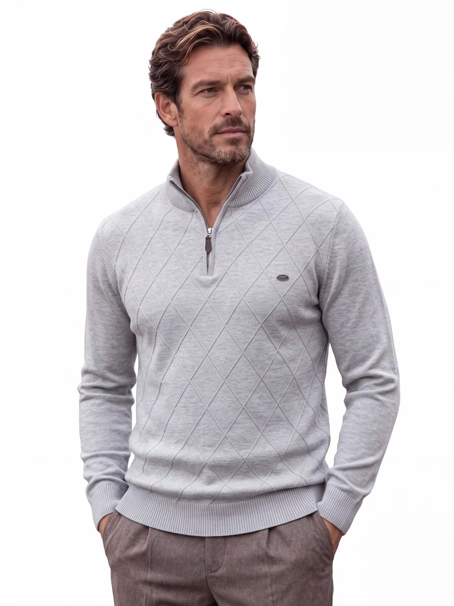 AIOPESON Men Cotton Half Zip Mock Neck Pullover Argyle Knitwear Ribbed Cuffs Slim Fit Smart Casual Business Fall Winter Sweater