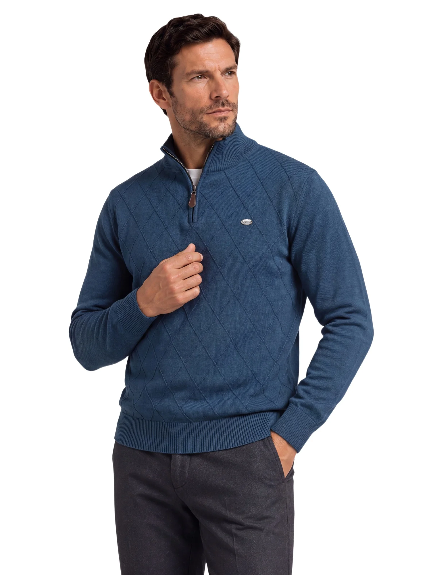 AIOPESON Men Cotton Half Zip Mock Neck Pullover Argyle Knitwear Ribbed Cuffs Slim Fit Smart Casual Business Fall Winter Sweater