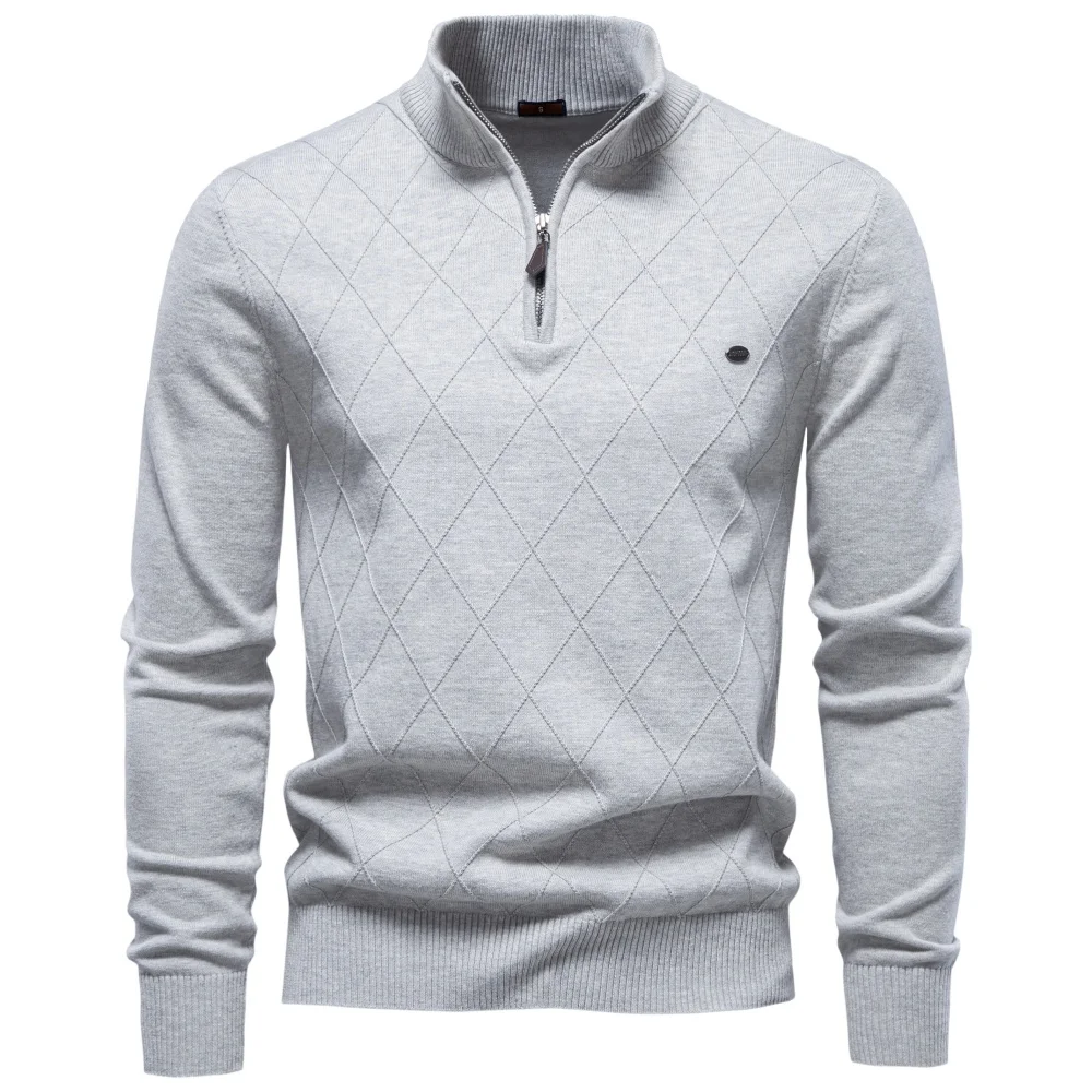 AIOPESON Men Cotton Half Zip Mock Neck Pullover Argyle Knitwear Ribbed Cuffs Slim Fit Smart Casual Business Fall Winter Sweater