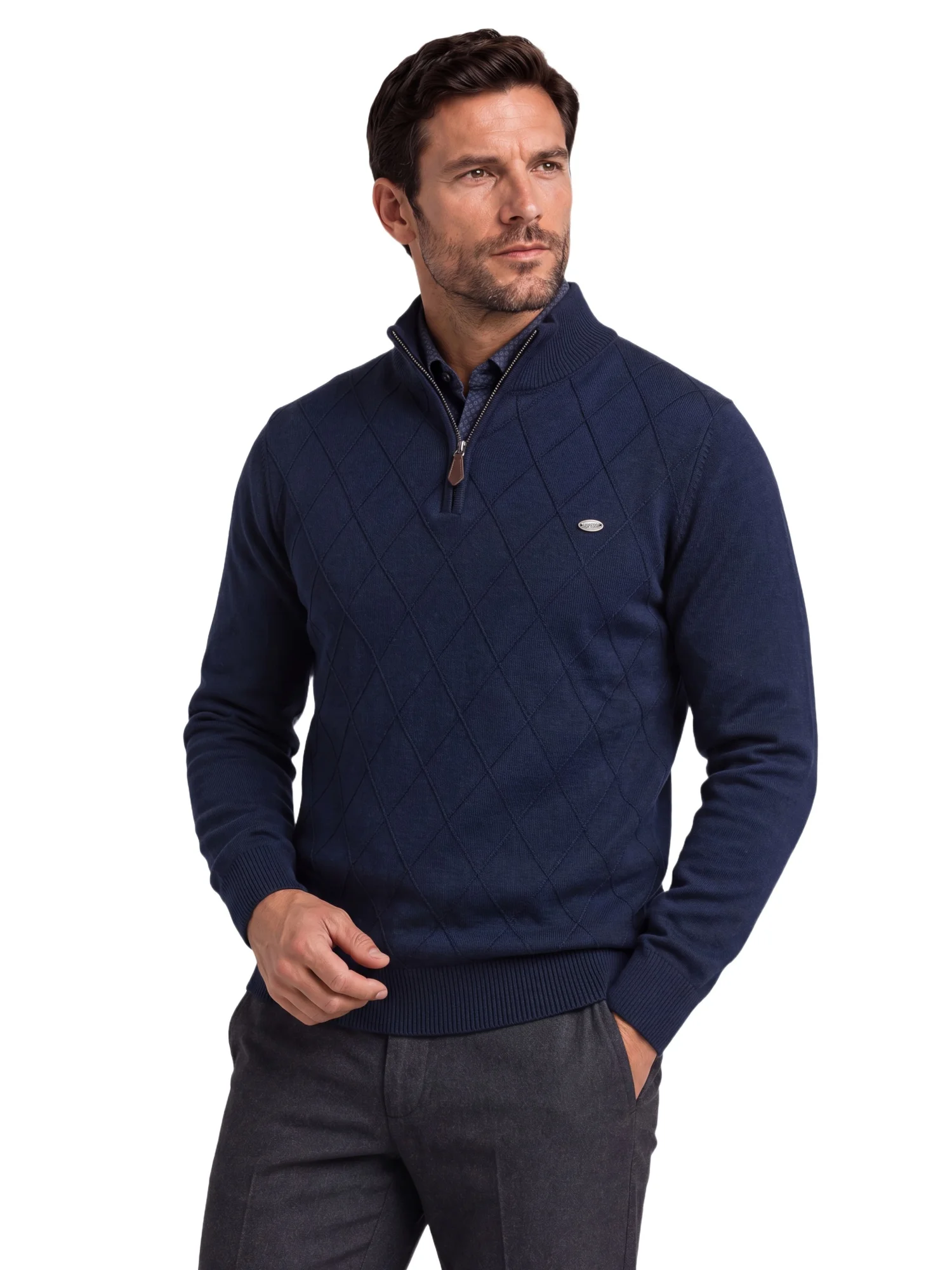 AIOPESON Men Cotton Half Zip Mock Neck Pullover Argyle Knitwear Ribbed Cuffs Slim Fit Smart Casual Business Fall Winter Sweater