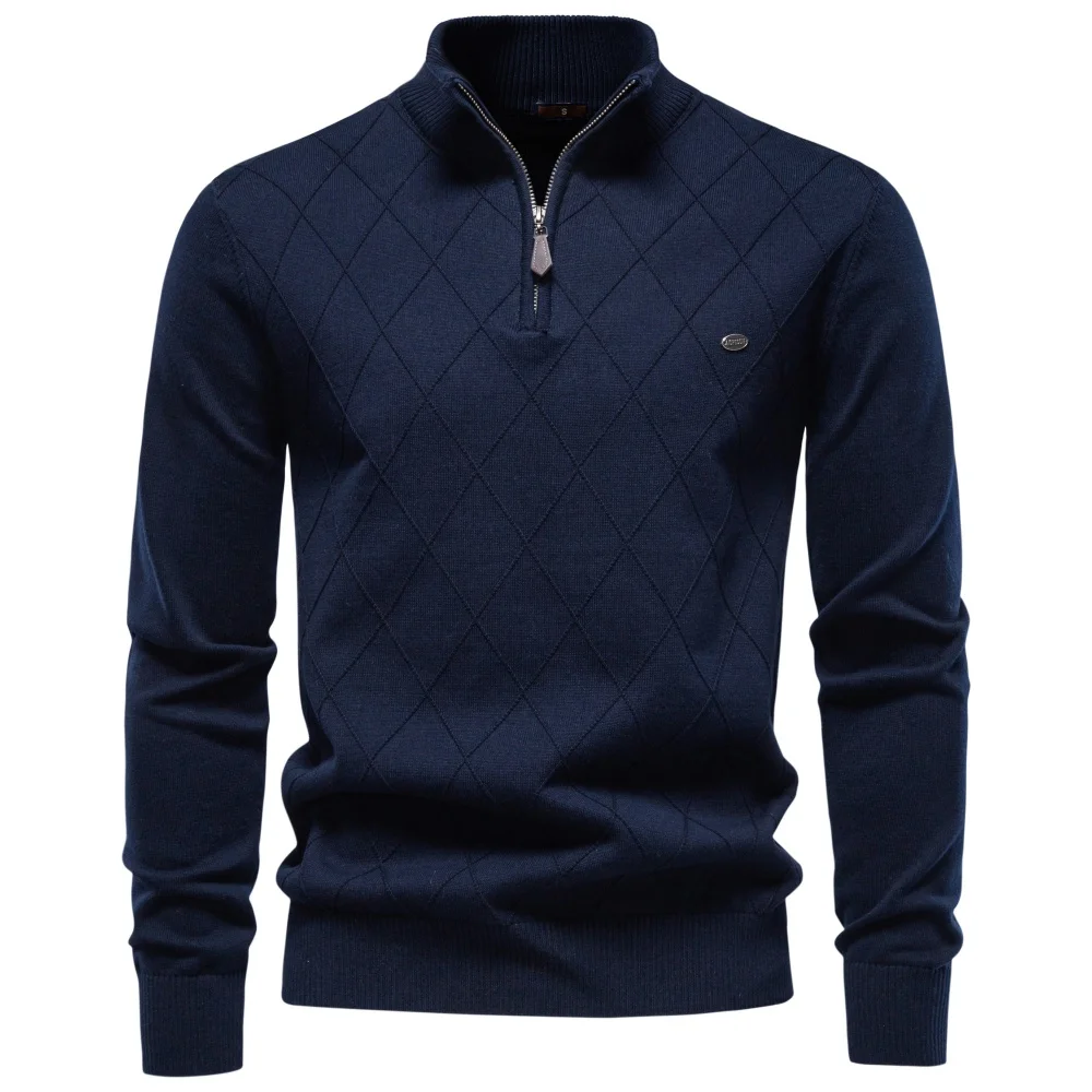 AIOPESON Men Cotton Half Zip Mock Neck Pullover Argyle Knitwear Ribbed Cuffs Slim Fit Smart Casual Business Fall Winter Sweater