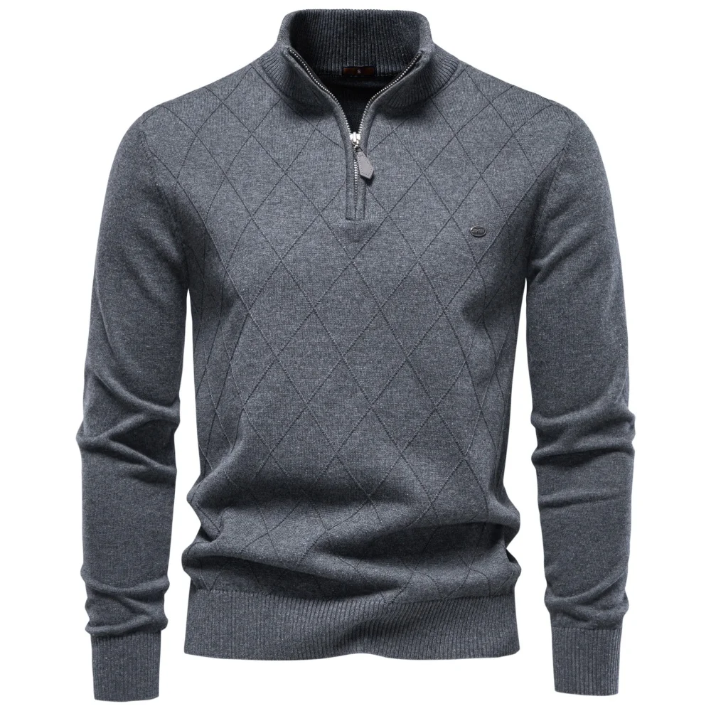 AIOPESON Men Cotton Half Zip Mock Neck Pullover Argyle Knitwear Ribbed Cuffs Slim Fit Smart Casual Business Fall Winter Sweater