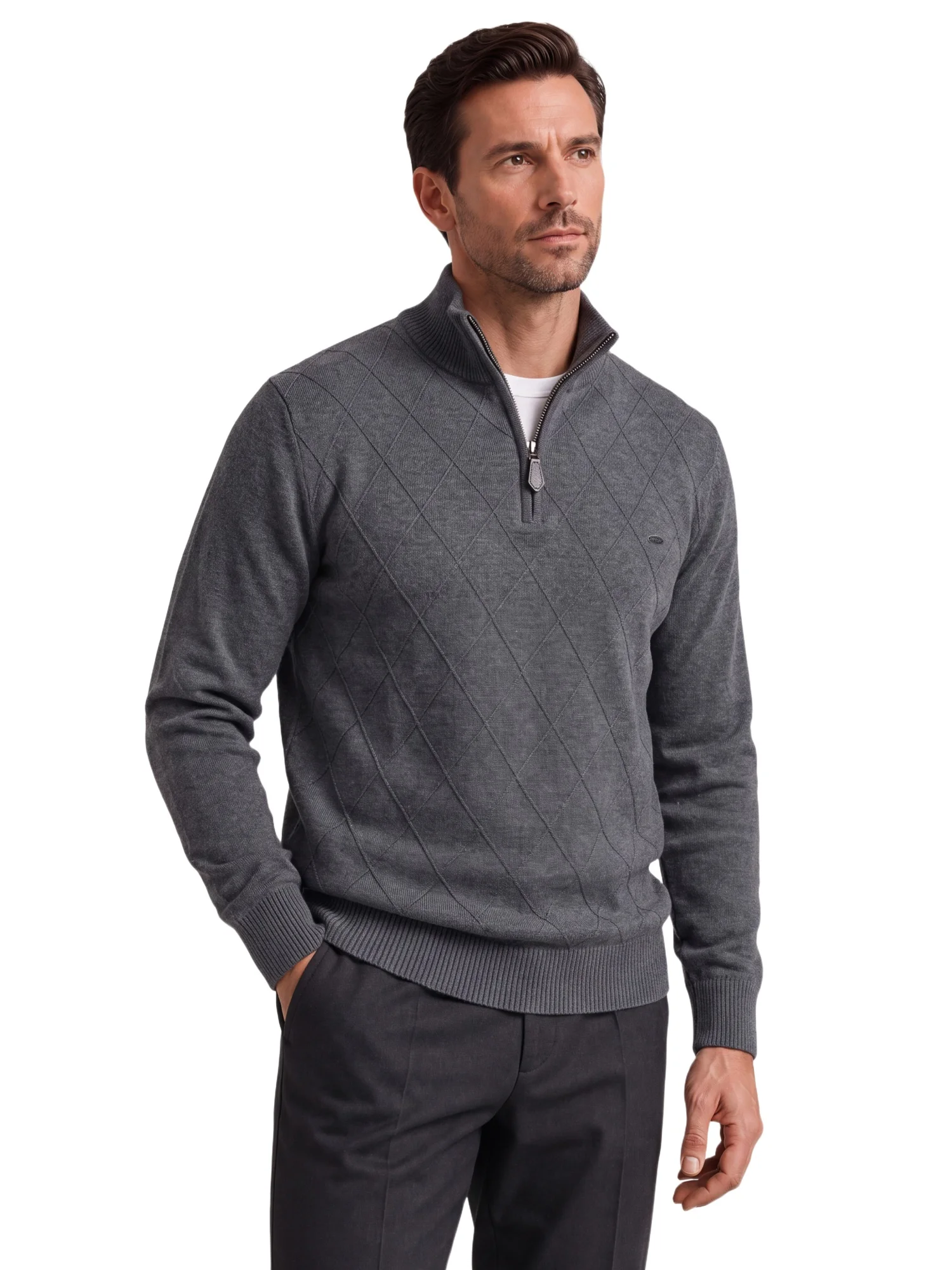 AIOPESON Men Cotton Half Zip Mock Neck Pullover Argyle Knitwear Ribbed Cuffs Slim Fit Smart Casual Business Fall Winter Sweater