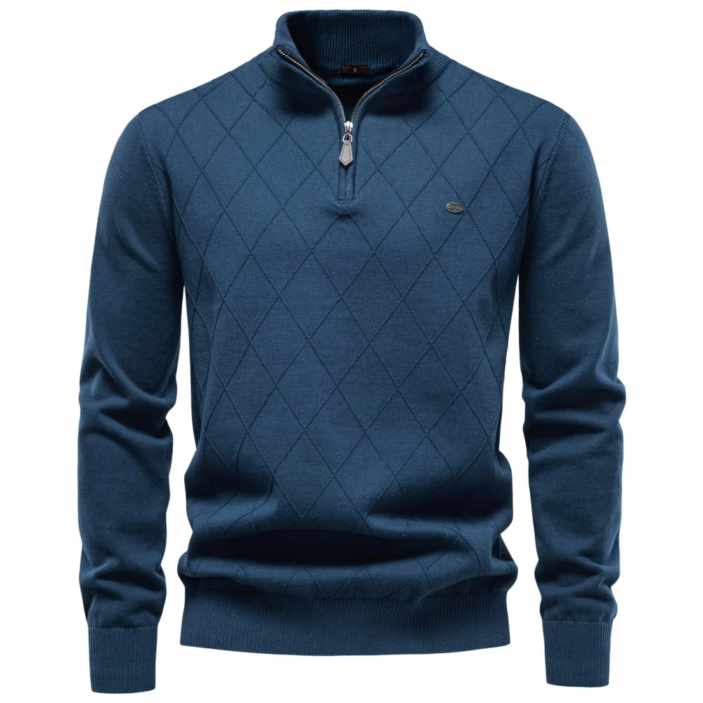 AIOPESON Men Cotton Half Zip Mock Neck Pullover Argyle Knitwear Ribbed Cuffs Slim Fit Smart Casual Business Fall Winter Sweater