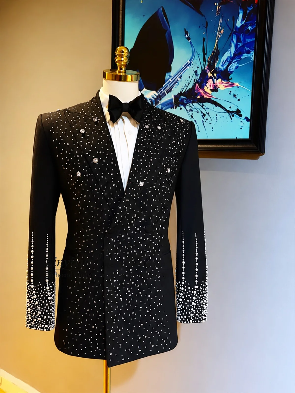 Handmade Crystal Diamond Men Suits Double Breasted Groom Male Prom Blazers 2 Pieces Sets Wedding Party Tuxedos ropa hombre