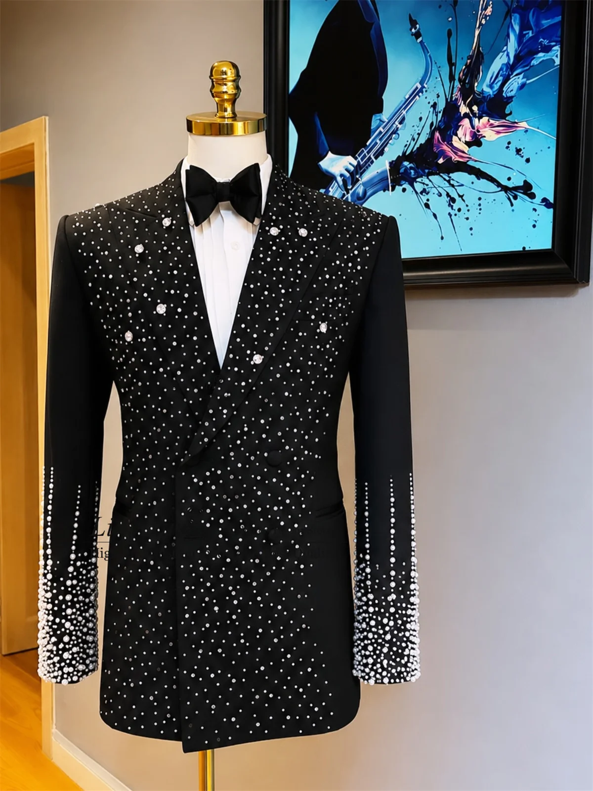 Handmade Crystal Diamond Men Suits Double Breasted Groom Male Prom Blazers 2 Pieces Sets Wedding Party Tuxedos ropa hombre