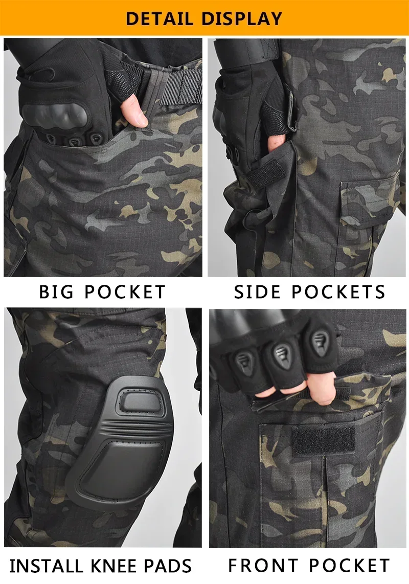 Camo Tactical Pants Training Wear-resistant Multi-pocket Work Pants Men Waterproof Cargo Pants Men Hiking Pants Cargo Pant +Pads