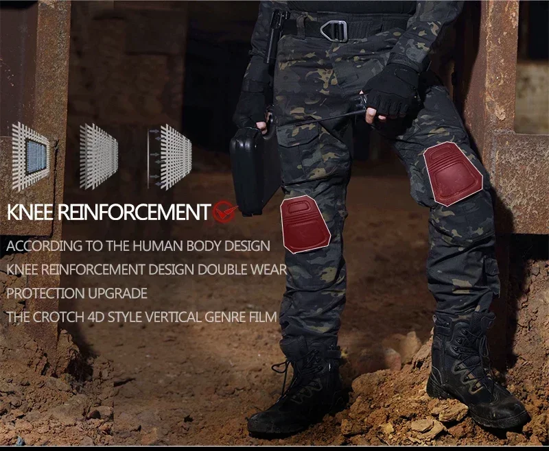 Camo Tactical Pants Training Wear-resistant Multi-pocket Work Pants Men Waterproof Cargo Pants Men Hiking Pants Cargo Pant +Pads