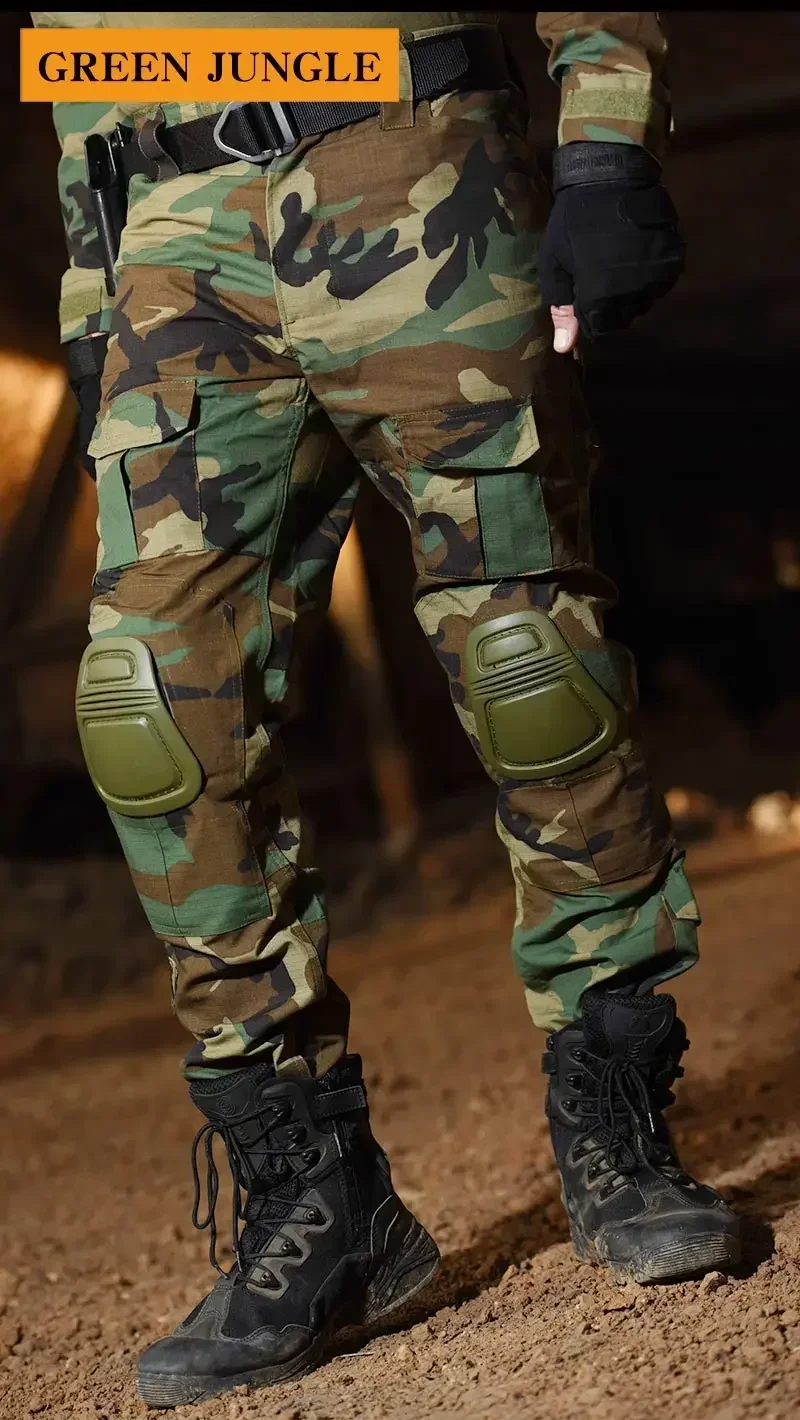 Camo Tactical Pants Training Wear-resistant Multi-pocket Work Pants Men Waterproof Cargo Pants Men Hiking Pants Cargo Pant +Pads