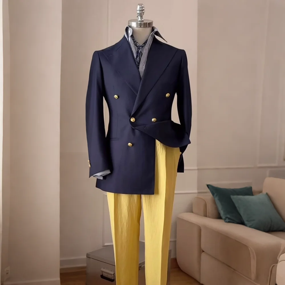 Timeless Men's Navy Blue Double Breasted Suit Summer Breathable Casual 2Piece Set Jacket+Yellow Linen Pants Wedding Groom Attir