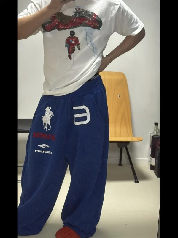 Angel Warhorse Embroidered American Retro Wide-leg Corset Sweatpants Baggy Fit Men Jogger Pants Trousers