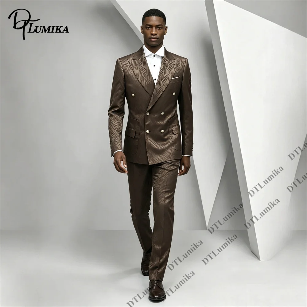 All‑over Subtle Textured Suit Set for Men, Jacquard Double Breasted Tuxedo 2 Piece Men Peak Lapel Silver Button Formal Outfit
