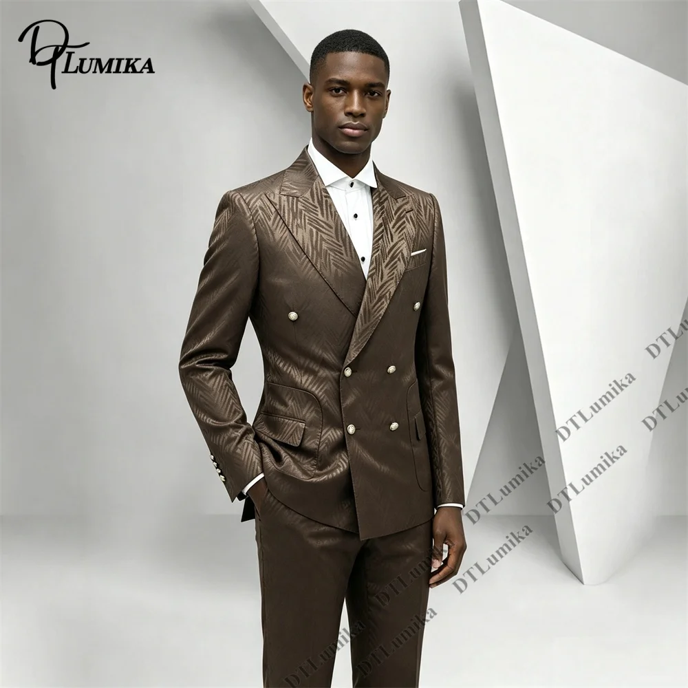 All‑over Subtle Textured Suit Set for Men, Jacquard Double Breasted Tuxedo 2 Piece Men Peak Lapel Silver Button Formal Outfit