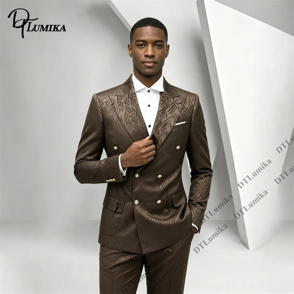 All‑over Subtle Textured Suit Set for Men, Jacquard Double Breasted Tuxedo 2 Piece Men Peak Lapel Silver Button Formal Outfit