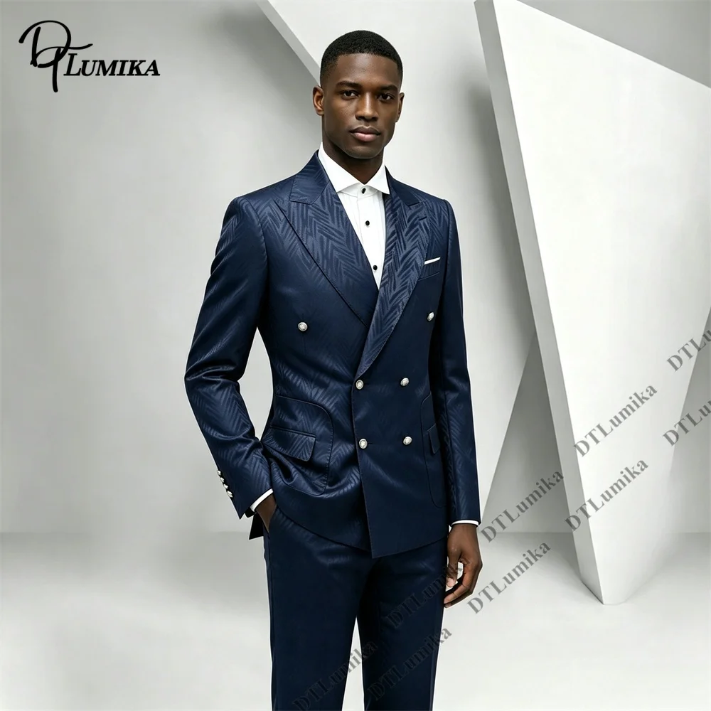 All‑over Subtle Textured Suit Set for Men, Jacquard Double Breasted Tuxedo 2 Piece Men Peak Lapel Silver Button Formal Outfit