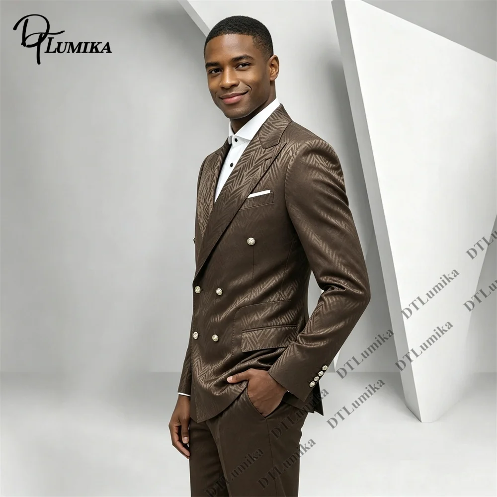 All‑over Subtle Textured Suit Set for Men, Jacquard Double Breasted Tuxedo 2 Piece Men Peak Lapel Silver Button Formal Outfit